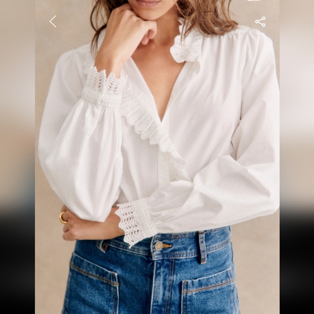 Sezane Chlo White 100% Organic Cotton Shirt with Lace Trim